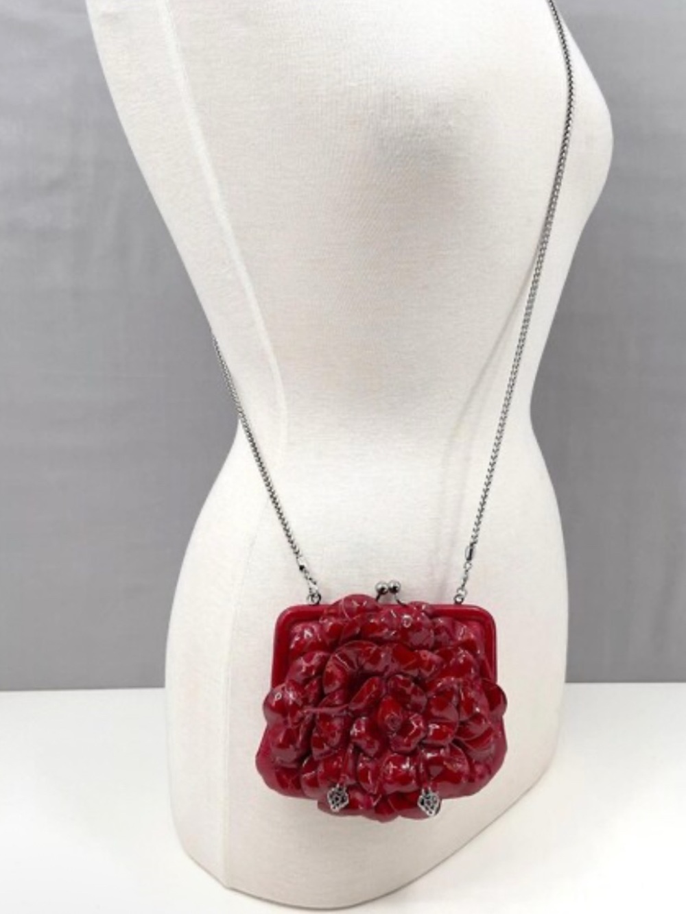 Brighton Rosalie Red Leather 3D Flower Petals Scrolled Chain Purse Rosecore Rose